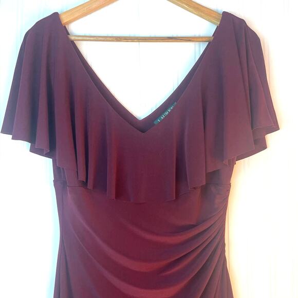 Ralph Lauren Burgundy Dress Sz 10 Drape Ruffle V-Neck Lined Preppy Career - Picture 4 of 7